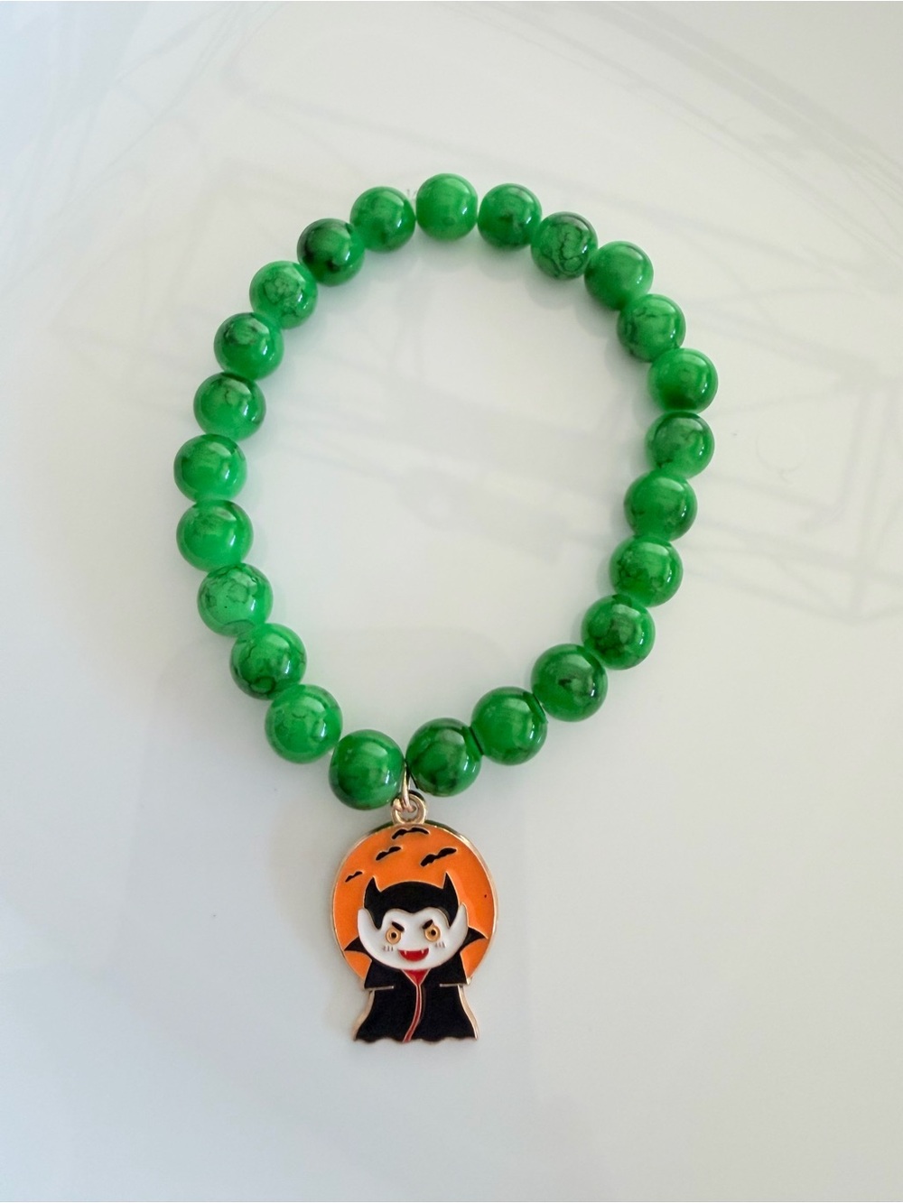 Halloween Green Bead Bracelet with Vampire Charm